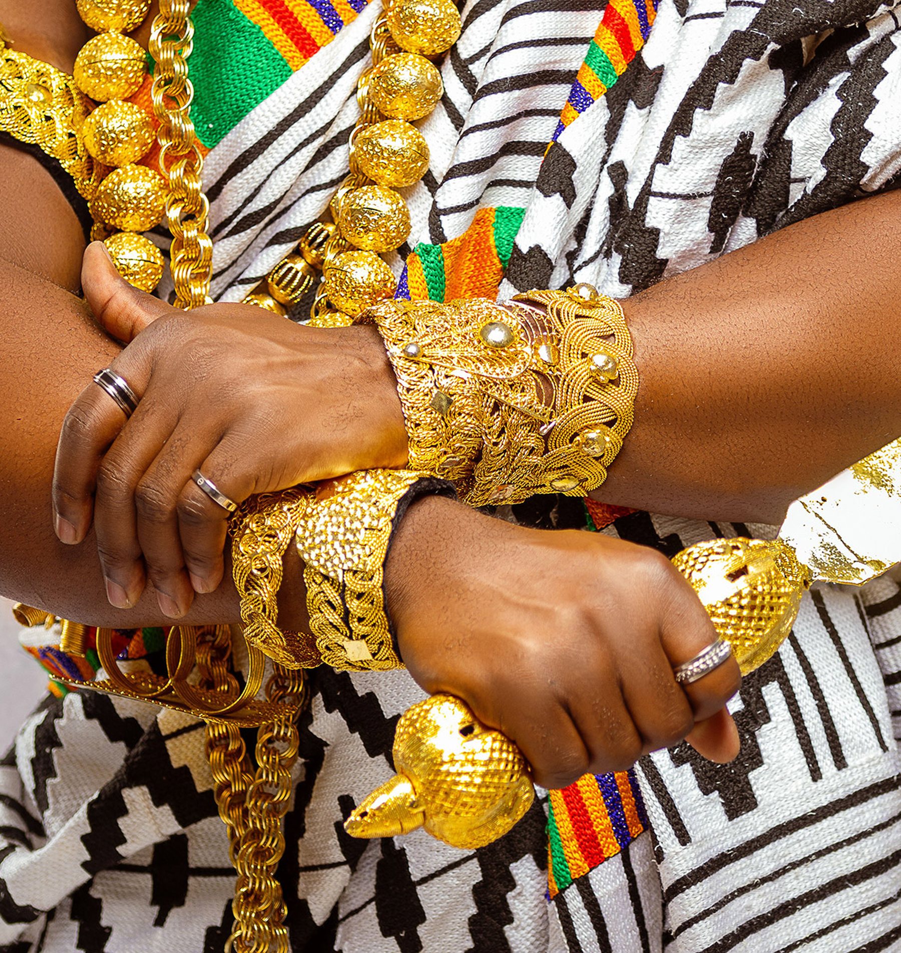 Ghanaian gold regalia worn with kente cloth