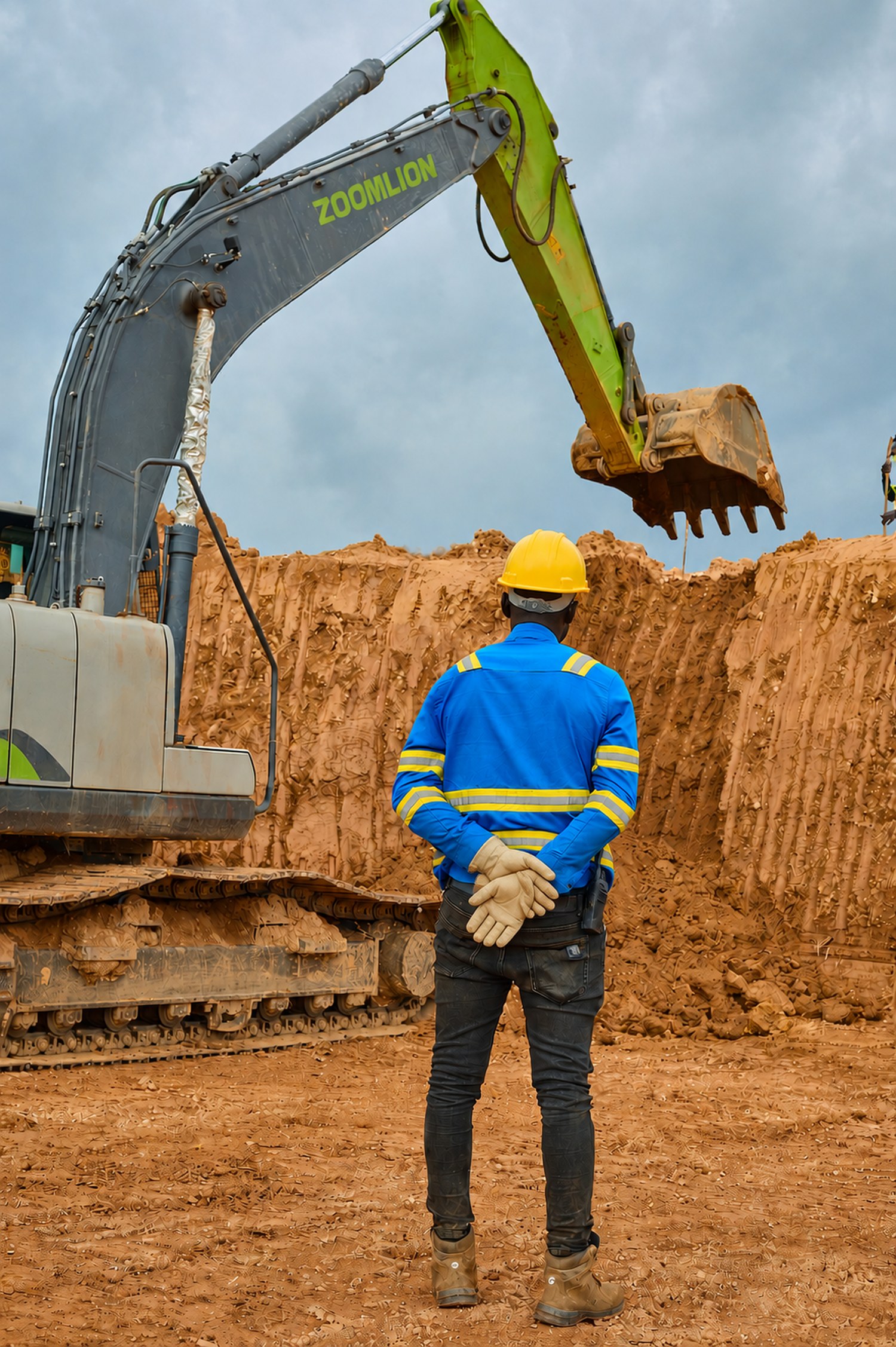 A Nova Mines supervisor observing excavation at the pit face, Dompim Pepesa Mines